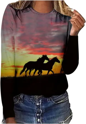 Horses T Shirt Women Funny Graphic Tees Long Sleeve Crew Neck Shirts Casual Loose Fit Blouses Horse Lover T-Shirt Gift