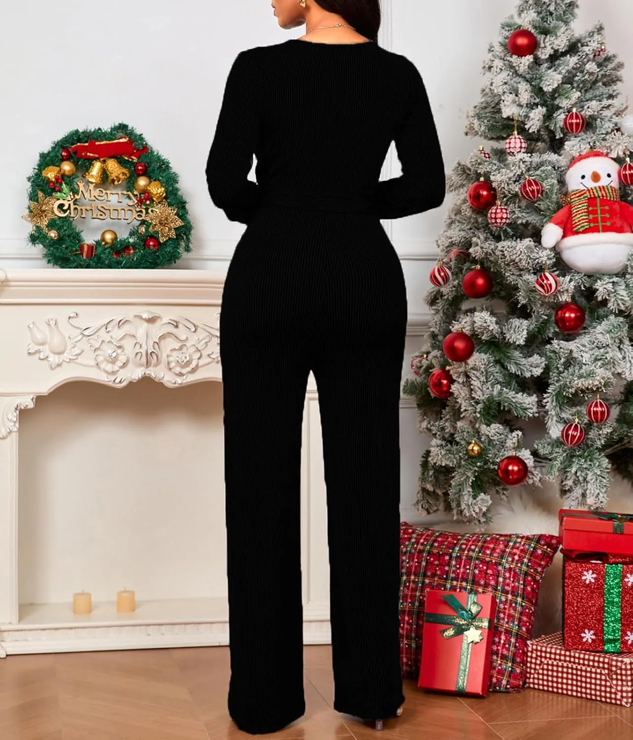 HugeNice Women's Dressy Jumpsuits Elegant Wrap V Neck Wide Leg Long Pants Casual Rompers Party Clubwear
