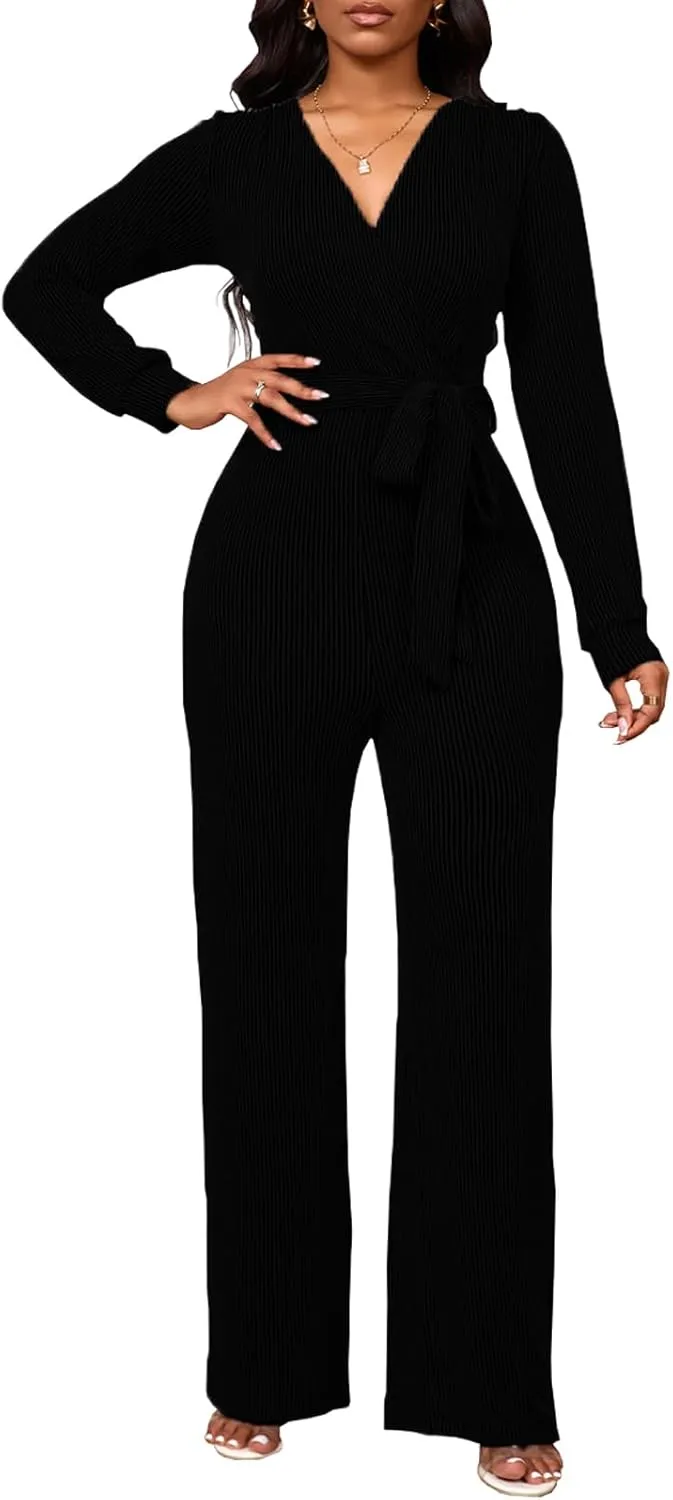 HugeNice Women's Dressy Jumpsuits Elegant Wrap V Neck Wide Leg Long Pants Casual Rompers Party Clubwear