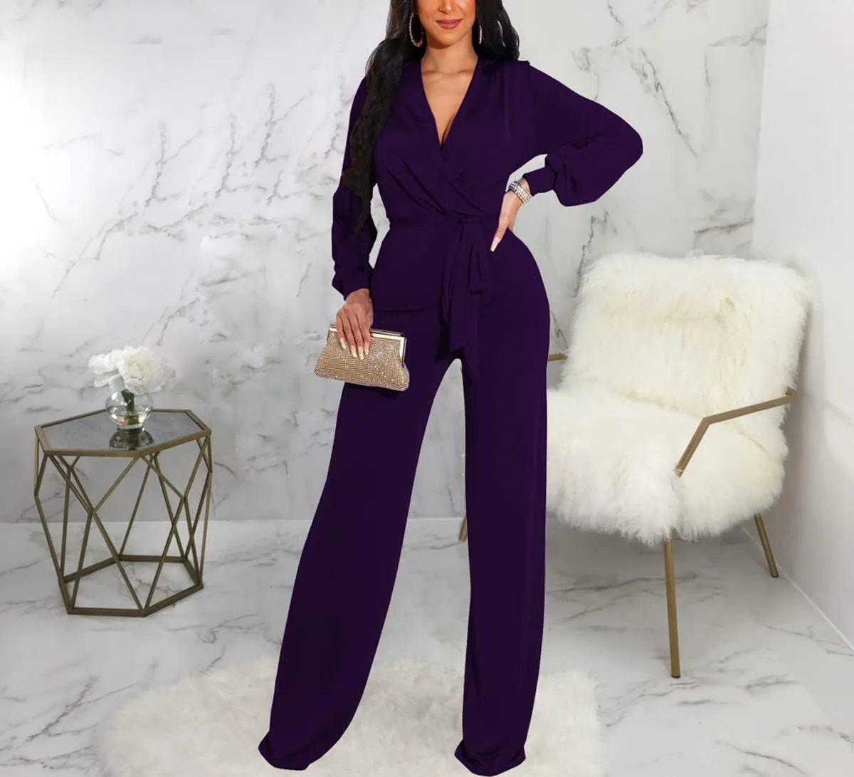 HugeNice Women's Jumpsuits Dressy Casual One Piece Outfits Long Sleeve Wrap V Neck Wide Leg Pants Rompers