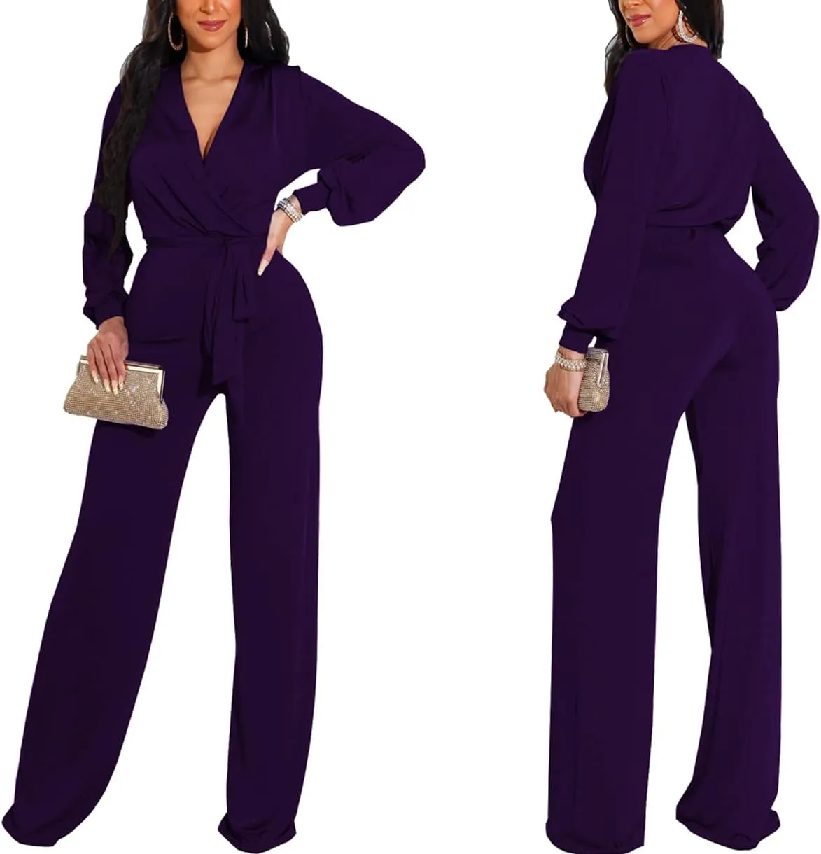 HugeNice Women's Jumpsuits Dressy Casual One Piece Outfits Long Sleeve Wrap V Neck Wide Leg Pants Rompers