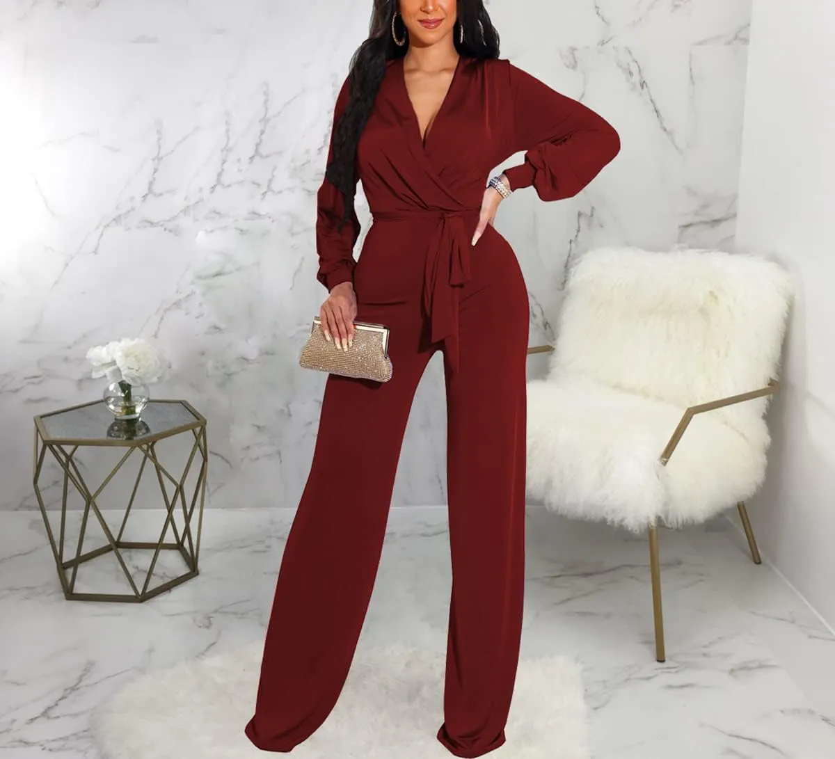 HugeNice Women's Jumpsuits Dressy Casual One Piece Outfits Long Sleeve Wrap V Neck Wide Leg Pants Rompers