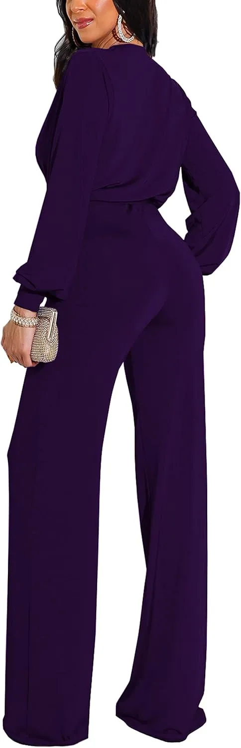 HugeNice Women's Jumpsuits Dressy Casual One Piece Outfits Long Sleeve Wrap V Neck Wide Leg Pants Rompers