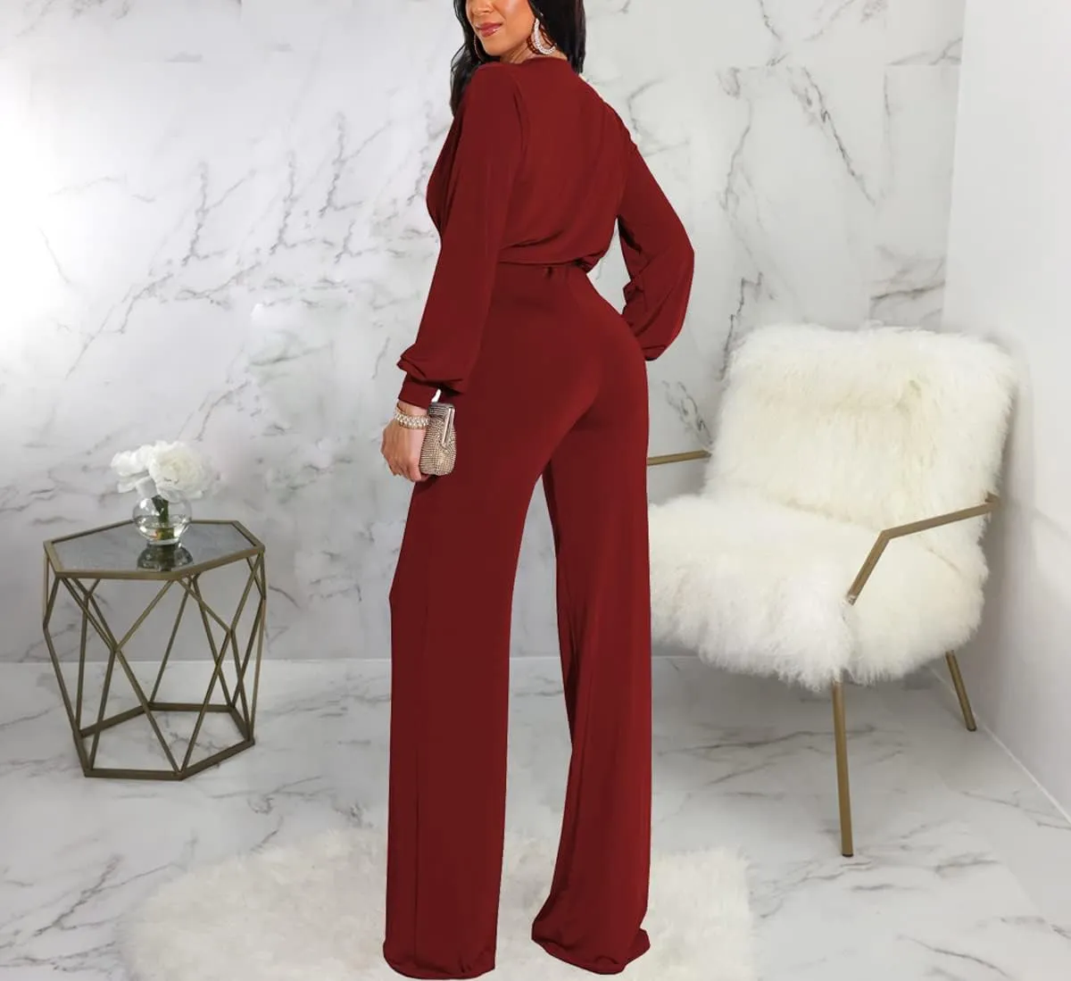 HugeNice Women's Jumpsuits Dressy Casual One Piece Outfits Long Sleeve Wrap V Neck Wide Leg Pants Rompers