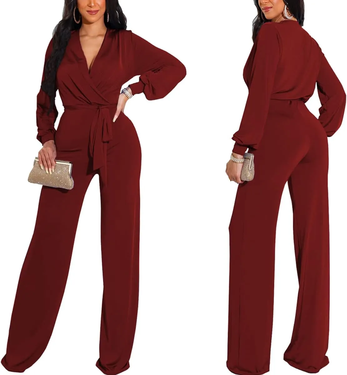 HugeNice Women's Jumpsuits Dressy Casual One Piece Outfits Long Sleeve Wrap V Neck Wide Leg Pants Rompers