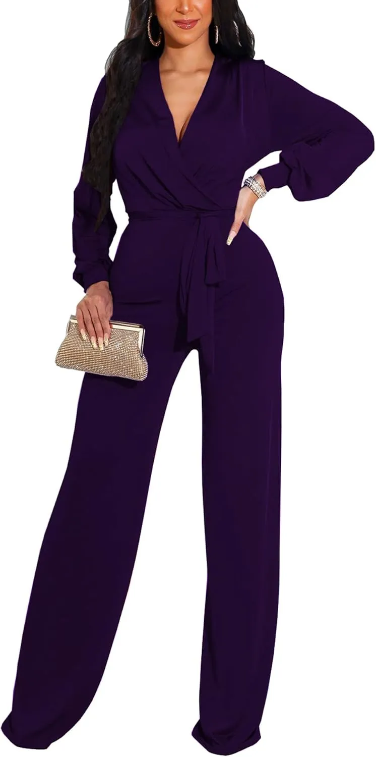 HugeNice Women's Jumpsuits Dressy Casual One Piece Outfits Long Sleeve Wrap V Neck Wide Leg Pants Rompers