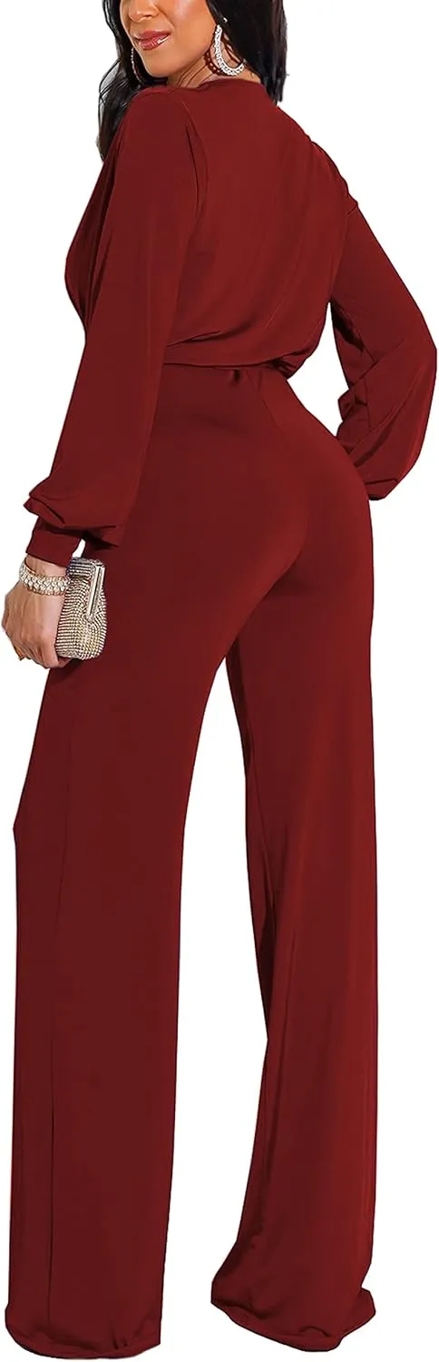 HugeNice Women's Jumpsuits Dressy Casual One Piece Outfits Long Sleeve Wrap V Neck Wide Leg Pants Rompers