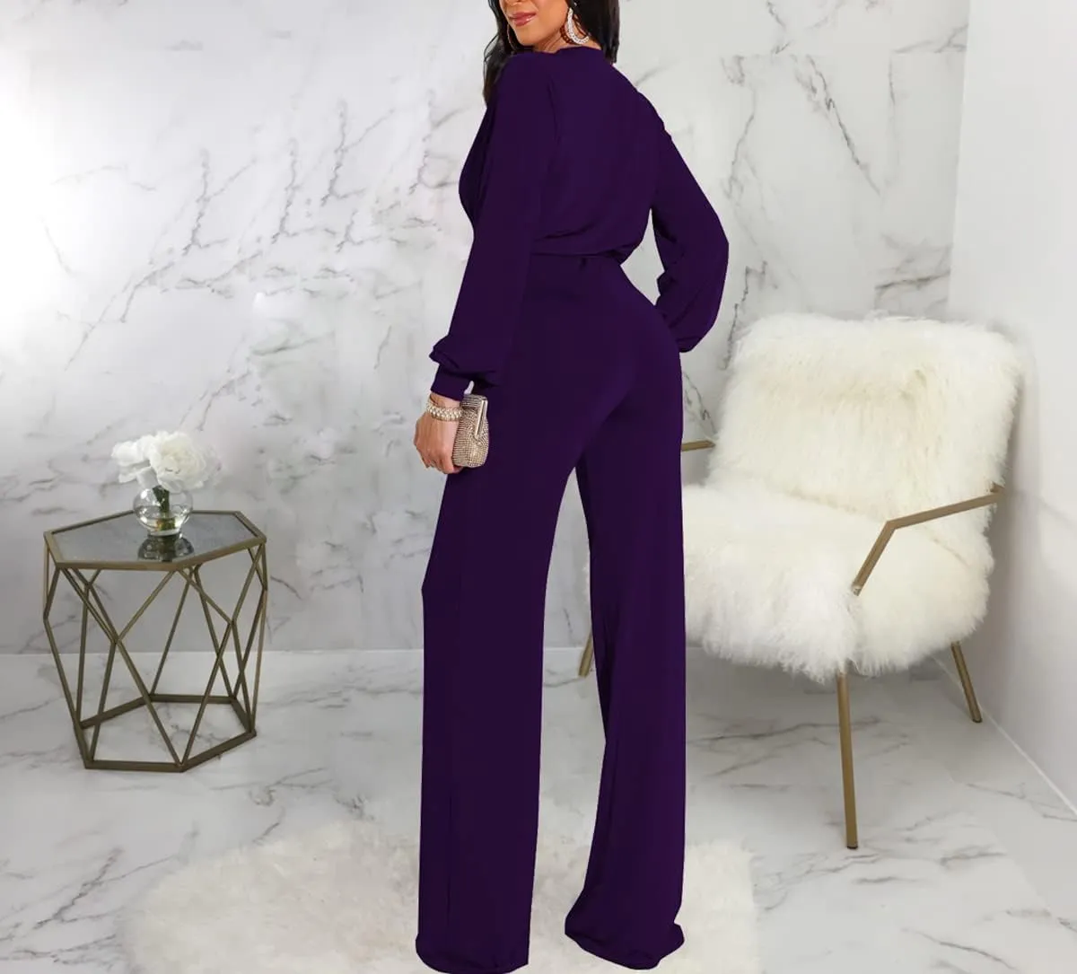 HugeNice Women's Jumpsuits Dressy Casual One Piece Outfits Long Sleeve Wrap V Neck Wide Leg Pants Rompers
