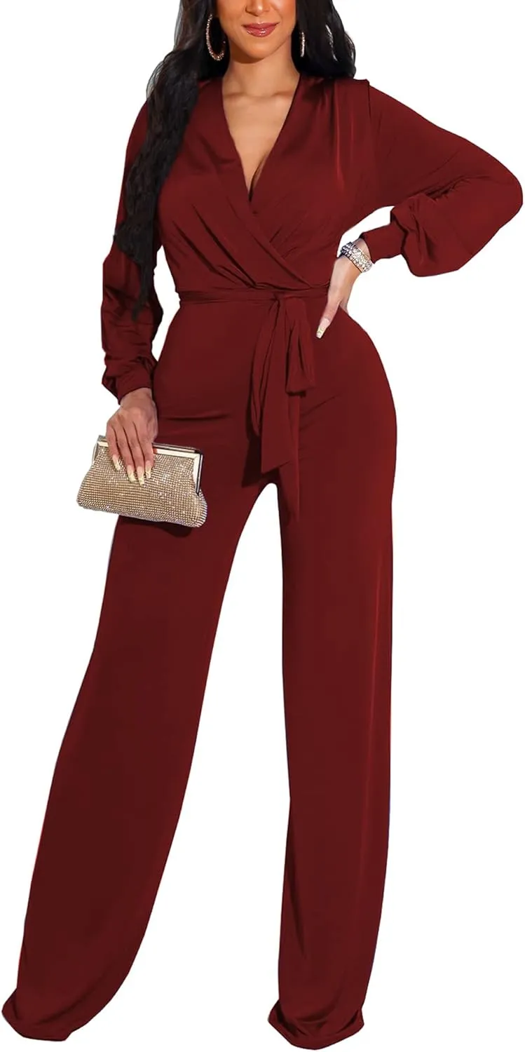 HugeNice Women's Jumpsuits Dressy Casual One Piece Outfits Long Sleeve Wrap V Neck Wide Leg Pants Rompers