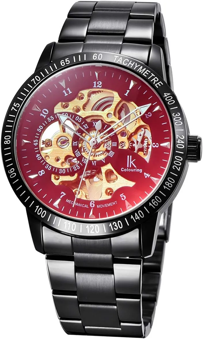 IK Automatic Watch Men Women Skeleton Glass Bottom, Red Iris Glass/Black/Black/Gold Movement/Metal Band Black, bracelet