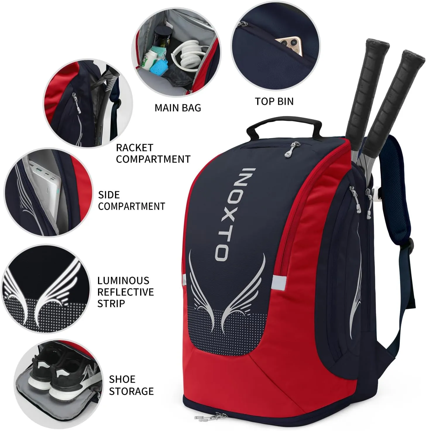 INOXTO 40L Tennis Backpack for Men & Women, Large Pickleball Bag With Independent Shoe Storage, Waterproof & Breathable, Holds 2 Tennis Rackets for Badminton, Travel & Camping