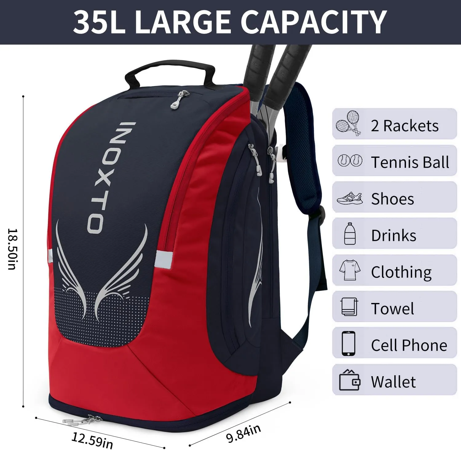 INOXTO 40L Tennis Backpack for Men & Women, Large Pickleball Bag With Independent Shoe Storage, Waterproof & Breathable, Holds 2 Tennis Rackets for Badminton, Travel & Camping