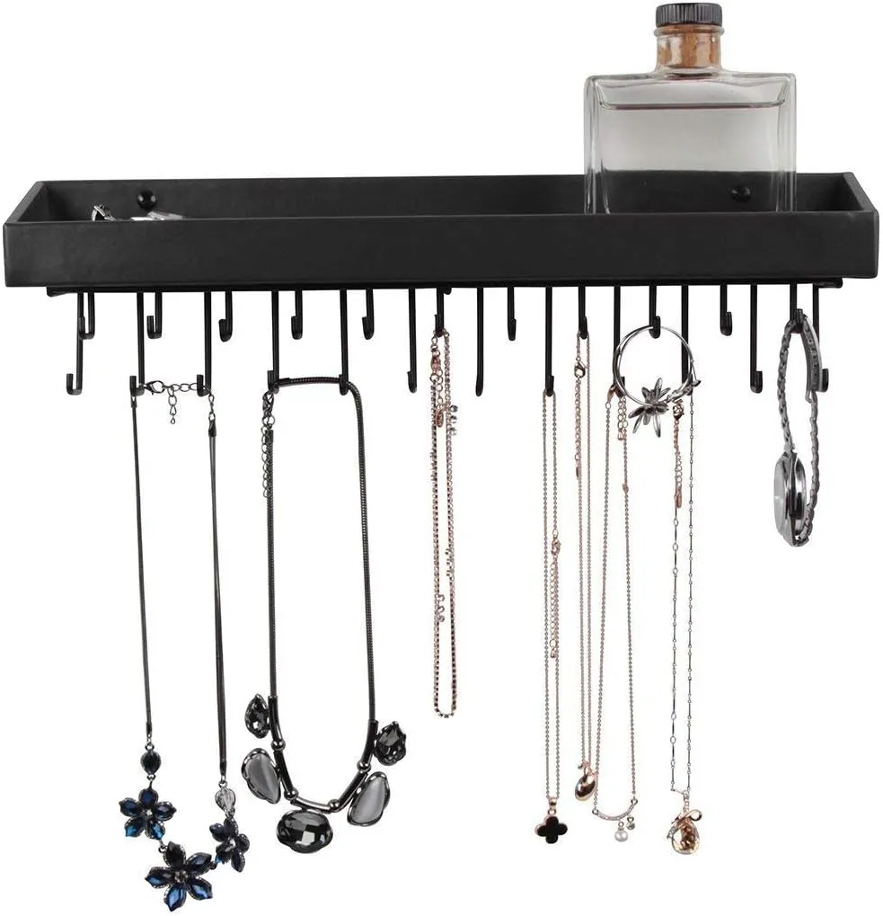 J JACKCUBE DESIGN Jewelry Organizer Necklace Holder with 23 Hooks, Wall Mounted Necklaces Bracelet Earrings Ring Holder Hanger with Shelf (Black, 14.37 x 2.95 x 3.86 inches) - MK208A