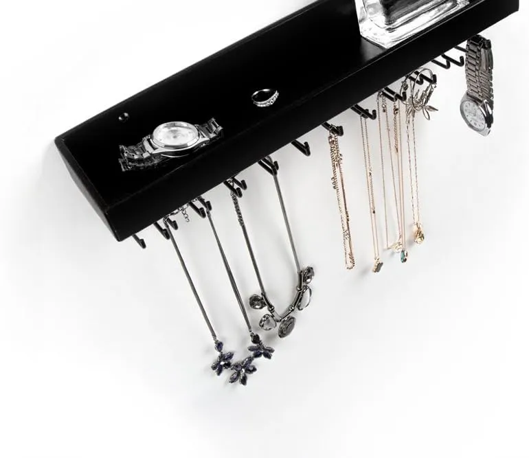 J JACKCUBE DESIGN Jewelry Organizer Necklace Holder with 23 Hooks, Wall Mounted Necklaces Bracelet Earrings Ring Holder Hanger with Shelf (Black, 14.37 x 2.95 x 3.86 inches) - MK208A