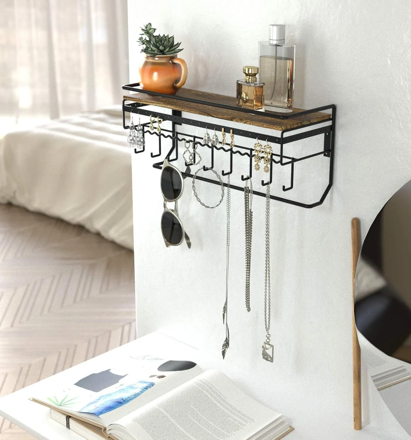 JackCubeDesign Hanging Jewelry Organizer with 9 Hooks, Wall Mount Necklace Earring Bracelet Sunglass Holder with Torched Wood Shelf (Black Metal) - MK237C