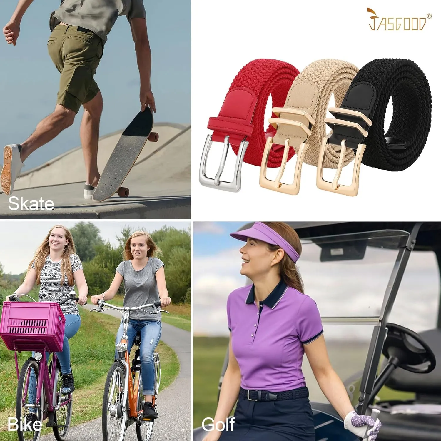 JASGOOD Women Braided Woven Elastic Stretch Belt Men Golf Web Casual Belt for Pants Jeans