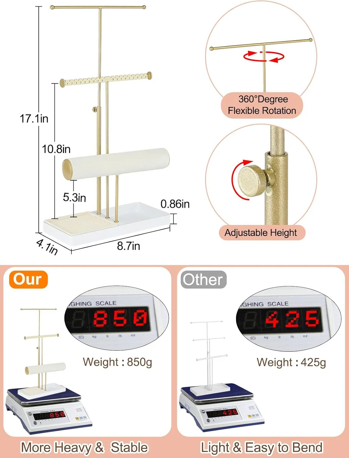 Jenseits Jewelry Organizer Stand Necklace Holder Organizer, 3-Tier Earrings Organizer w/Bracelet Storage Display & Velvet Ring Tray, Cute Metal Aesthetic Jewelry Tower Rack for Women Girls - Gold