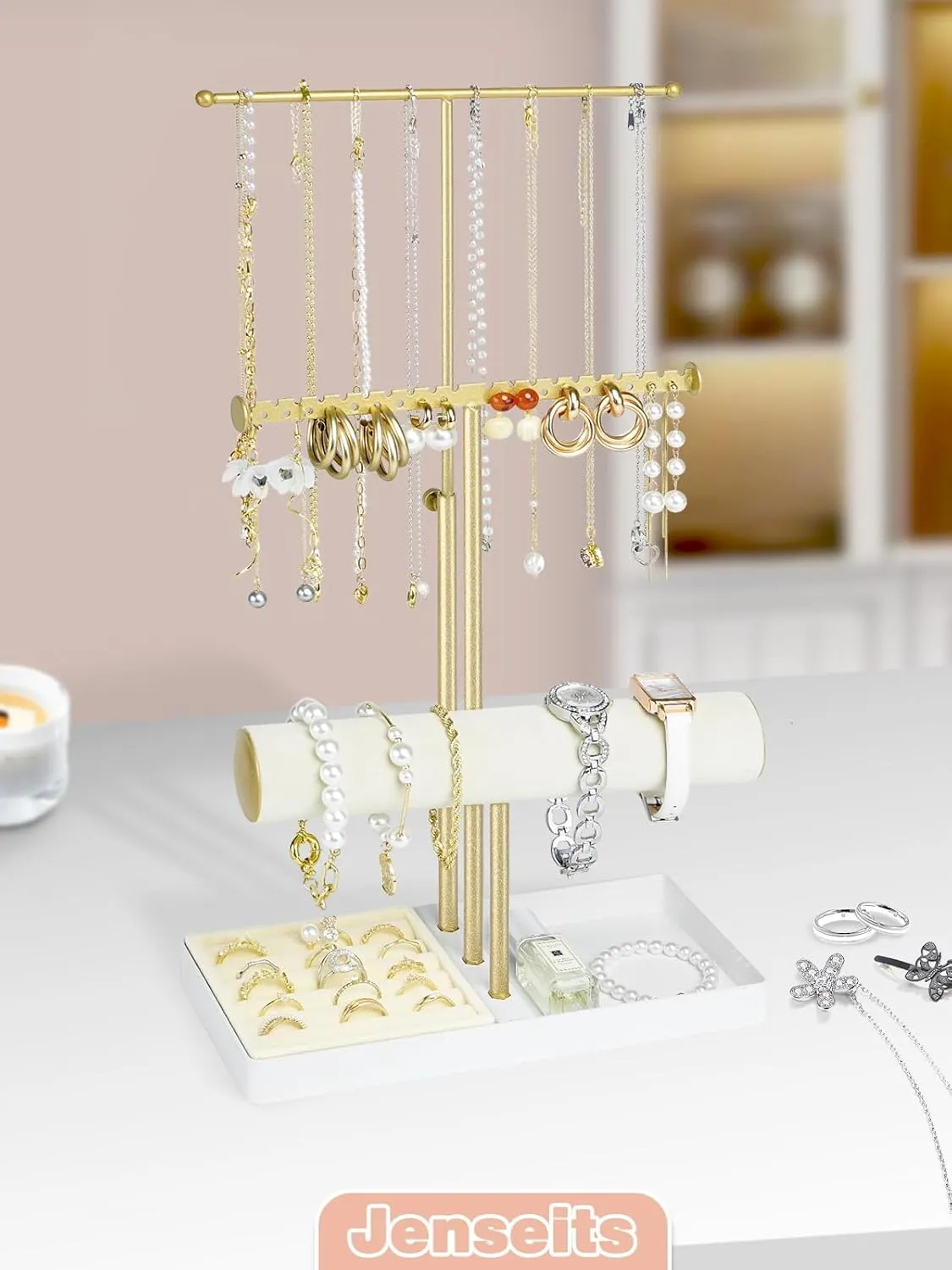 Jenseits Jewelry Organizer Stand Necklace Holder Organizer, 3-Tier Earrings Organizer w/Bracelet Storage Display & Velvet Ring Tray, Cute Metal Aesthetic Jewelry Tower Rack for Women Girls - Gold
