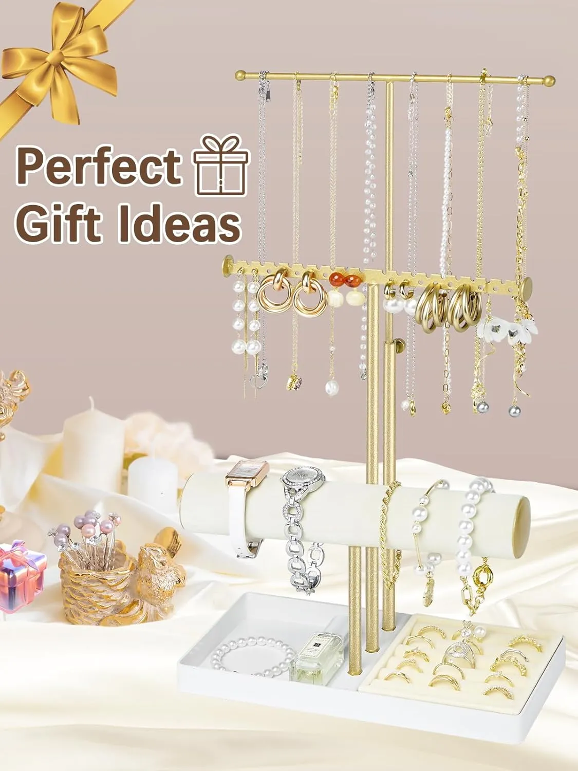 Jenseits Jewelry Organizer Stand Necklace Holder Organizer, 3-Tier Earrings Organizer w/Bracelet Storage Display & Velvet Ring Tray, Cute Metal Aesthetic Jewelry Tower Rack for Women Girls - Gold