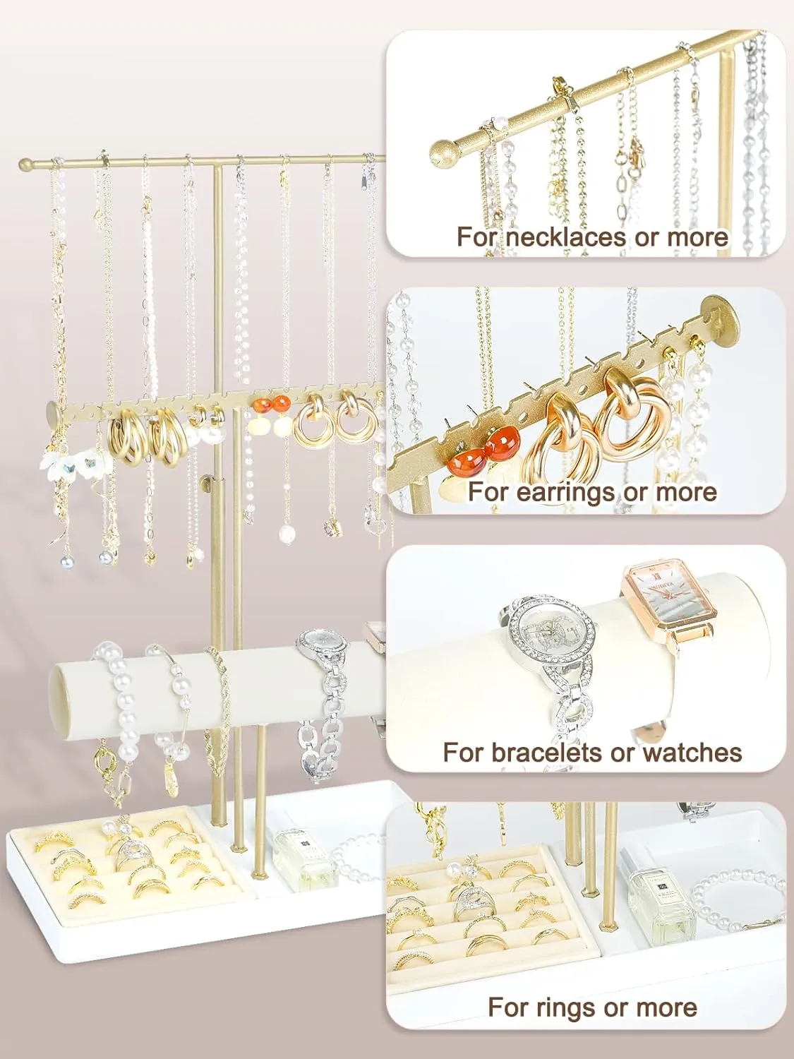 Jenseits Jewelry Organizer Stand Necklace Holder Organizer, 3-Tier Earrings Organizer w/Bracelet Storage Display & Velvet Ring Tray, Cute Metal Aesthetic Jewelry Tower Rack for Women Girls - Gold