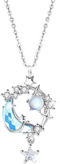 Jewelry for Women Gift Universe Planet Star Moon Women's Nekclace, 925 Sterling Silver Moon and Star Pendants Gifts, Valentine's Day Anniversary Birthday for Women Wife Mom Lady Her
