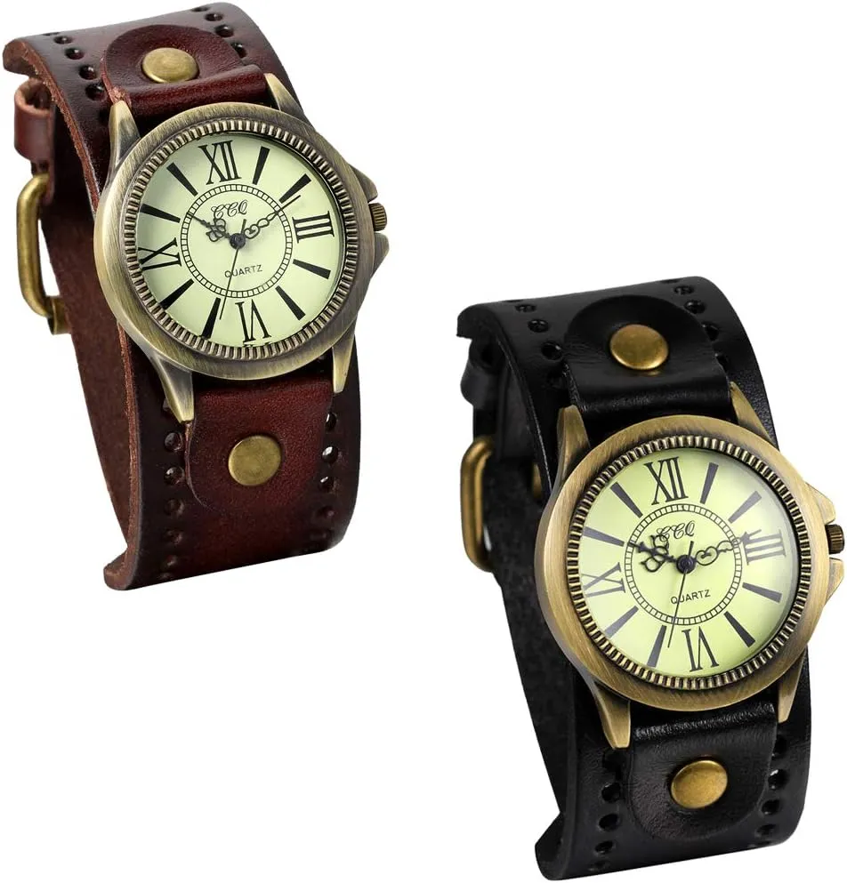 JewelryWe Vintage Wrist Watch Wide Leather Strap Band Cuff Quartz Watches for Men Women