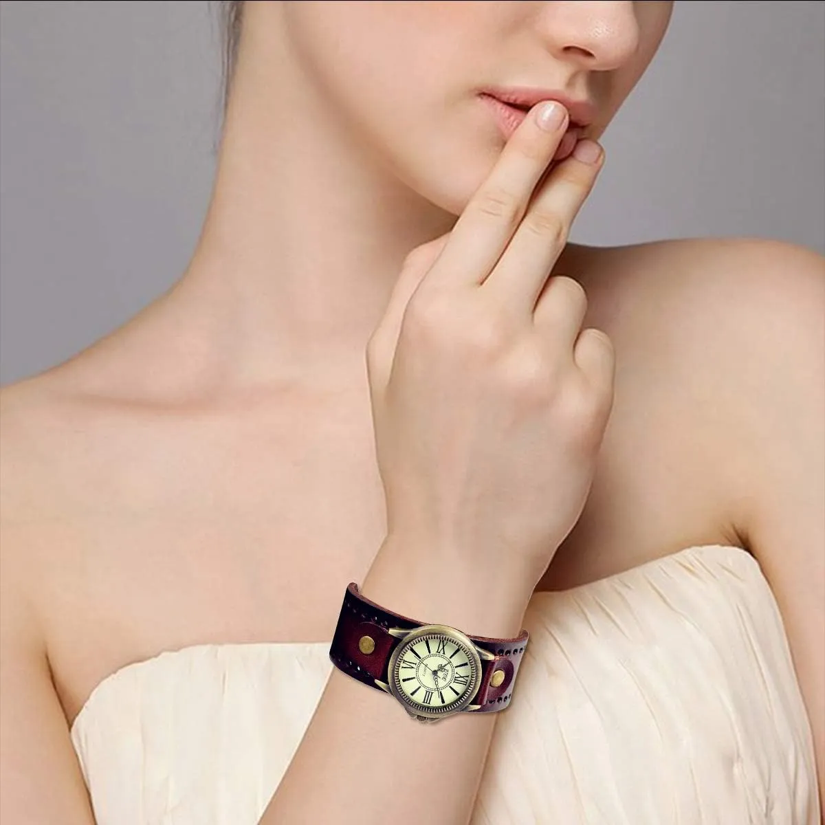 JewelryWe Vintage Wrist Watch Wide Leather Strap Band Cuff Quartz Watches for Men Women