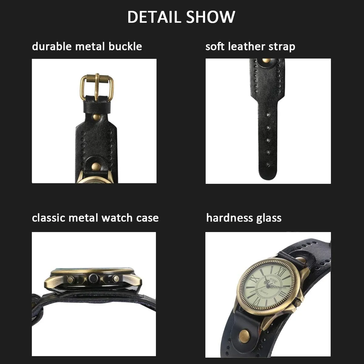 JewelryWe Vintage Wrist Watch Wide Leather Strap Band Cuff Quartz Watches for Men Women