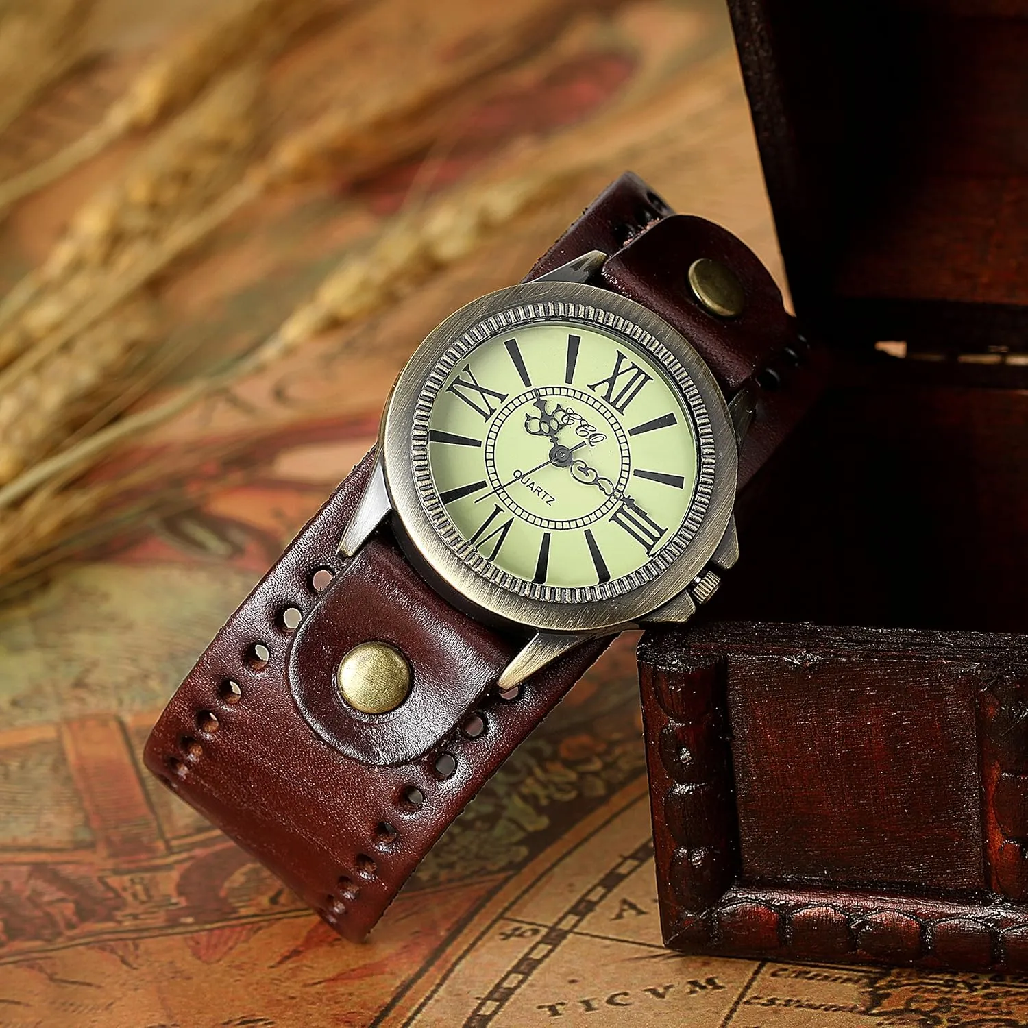 JewelryWe Vintage Wrist Watch Wide Leather Strap Band Cuff Quartz Watches for Men Women