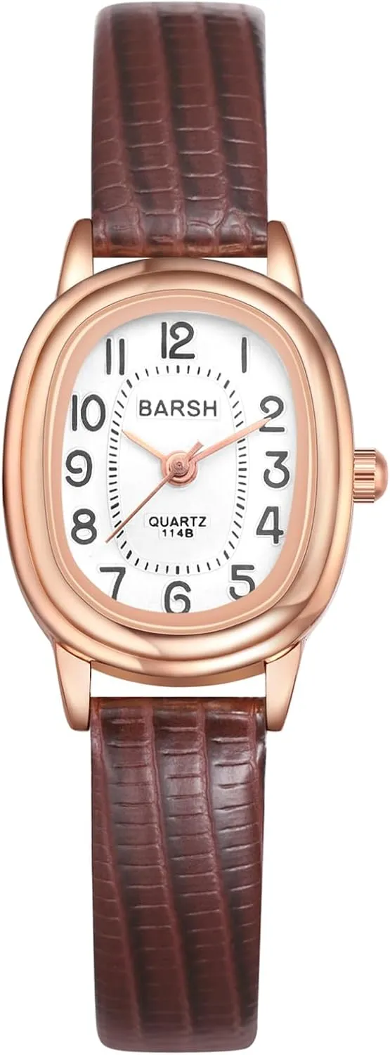 JewelryWe Womens Oval Leather Watches: Simple Petite Analog Quartz Classic Casual Wristwatch
