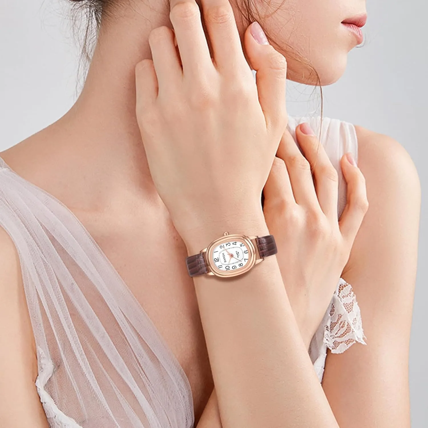 JewelryWe Womens Oval Leather Watches: Simple Petite Analog Quartz Classic Casual Wristwatch