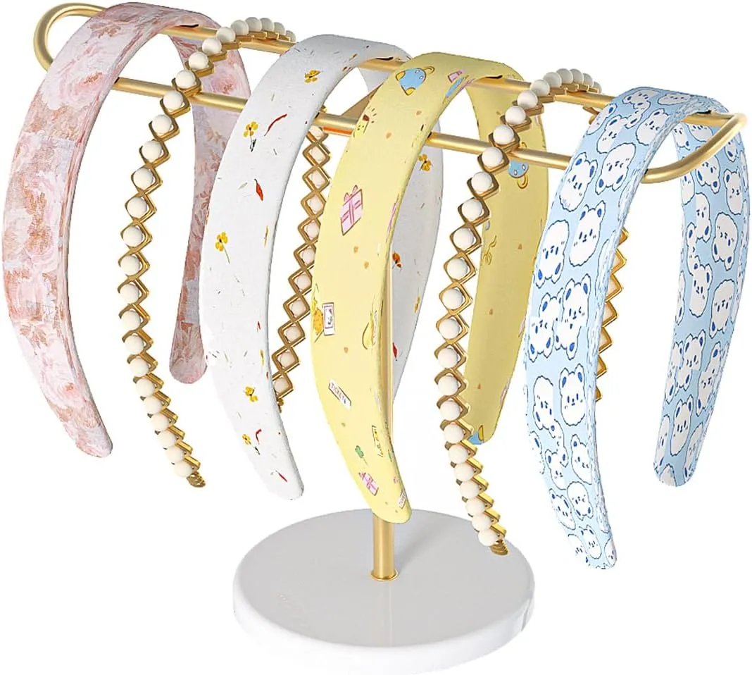Julysky Metal Headband Holder and Stand - Bracelet and Claw Clip Organizer, Gold Headband and Hair Accessories Organizer Storage for Women (White and Gold)