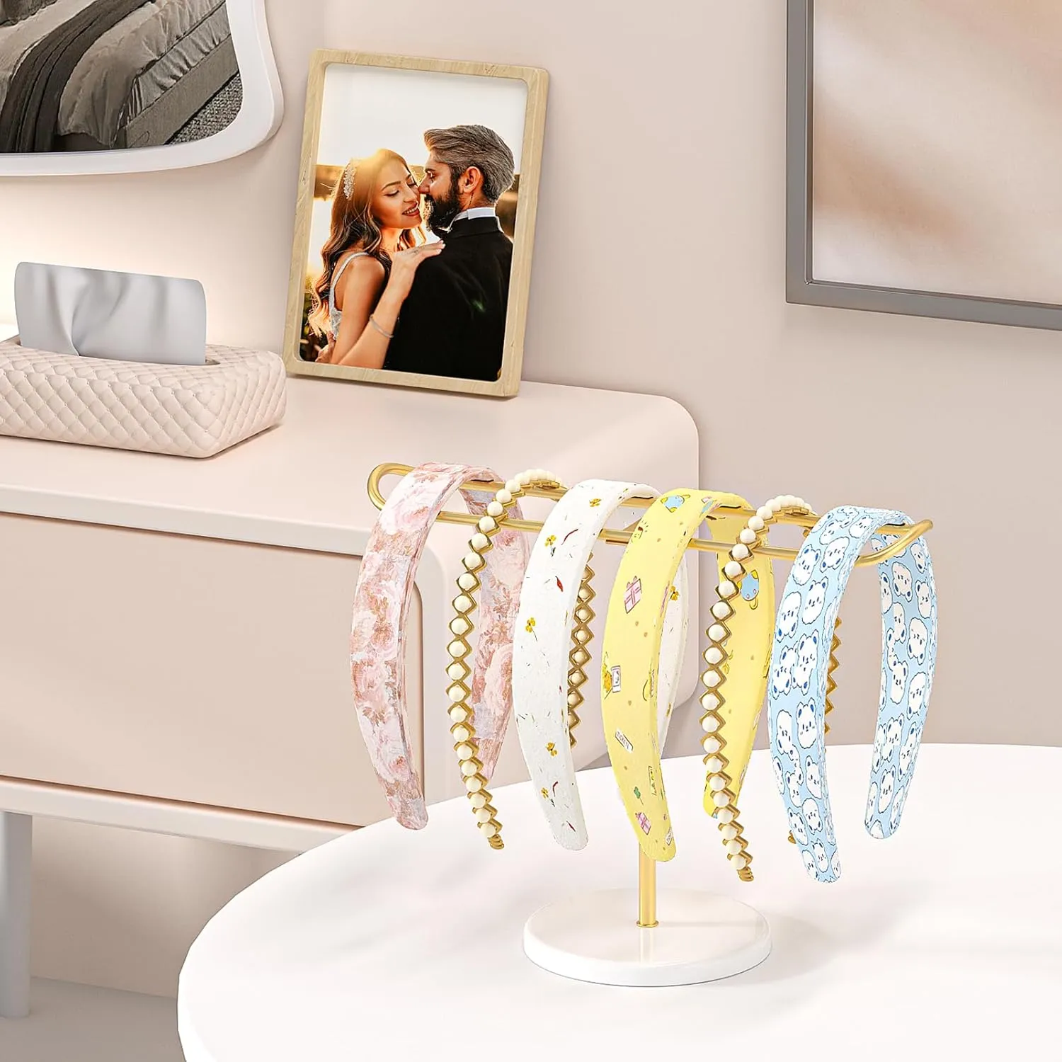Julysky Metal Headband Holder and Stand - Bracelet and Claw Clip Organizer, Gold Headband and Hair Accessories Organizer Storage for Women (White and Gold)