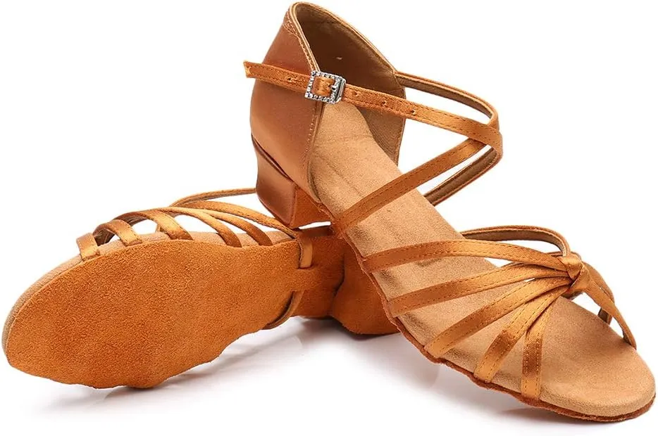 JUODVMP Silk Fabric Latin Dance Shoes for Girls Latin Ballroom Dance Shoes Girls with Diamond Buckle,Model US-TL-LP-ZSZK