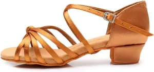 JUODVMP Silk Fabric Latin Dance Shoes for Girls Latin Ballroom Dance Shoes Girls with Diamond Buckle,Model US-TL-LP-ZSZK