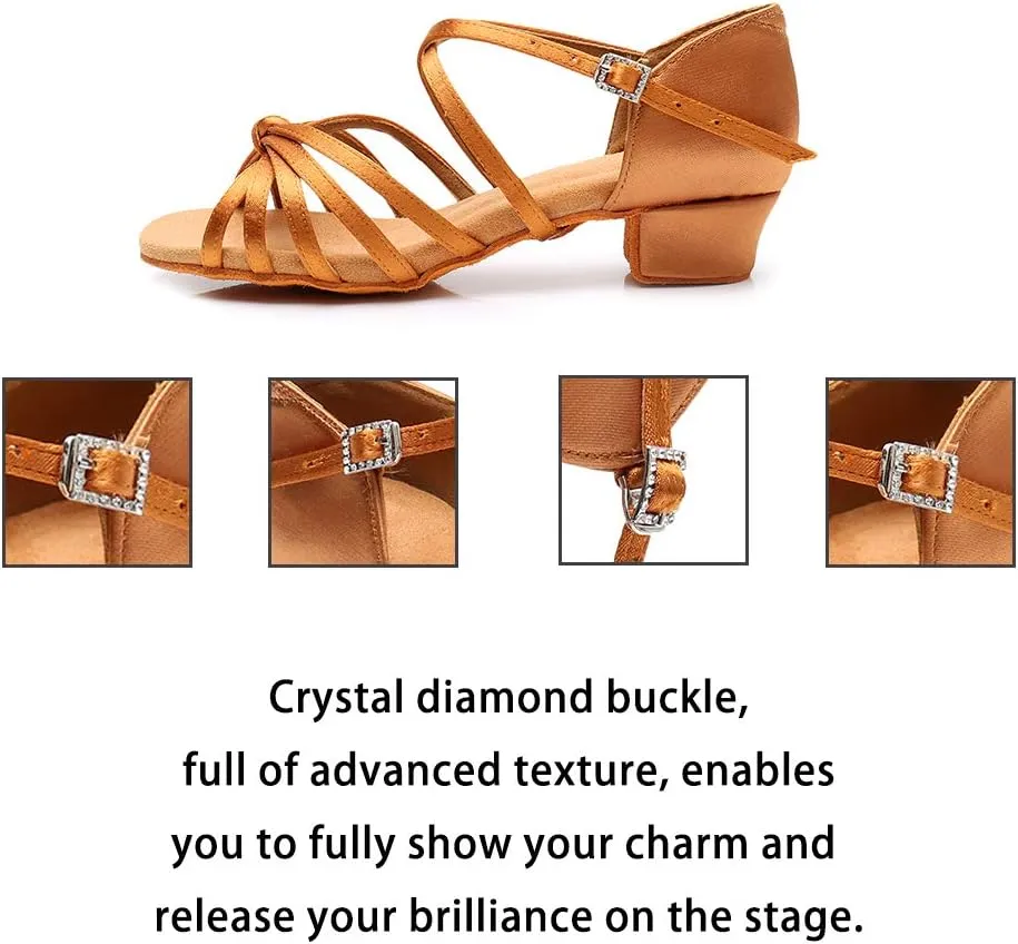 JUODVMP Silk Fabric Latin Dance Shoes for Girls Latin Ballroom Dance Shoes Girls with Diamond Buckle,Model US-TL-LP-ZSZK
