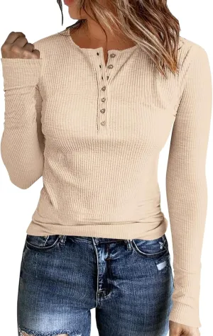 Kancystore Women's Long Sleeve Tops Lace V Neck Button Down Henley Shirts Blouses