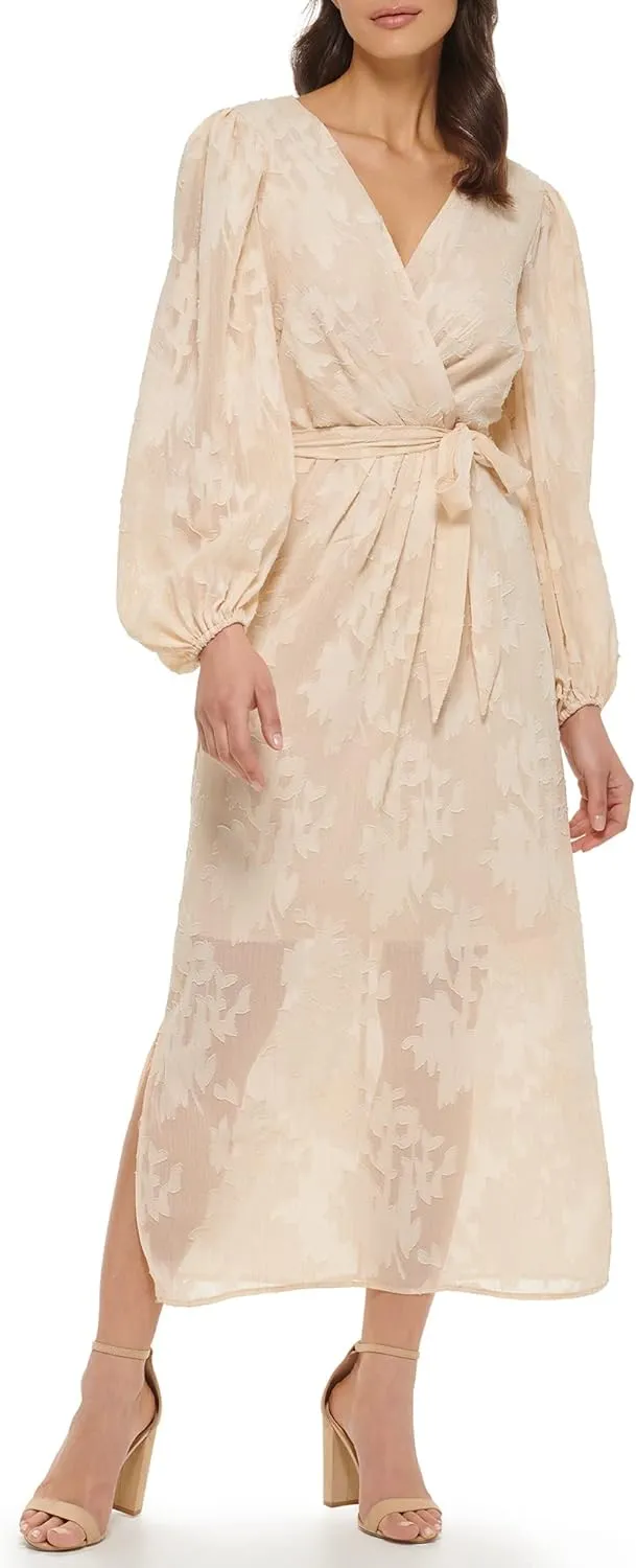 kensie Women's Balloon Sleeve Tie Waist Midi Dress