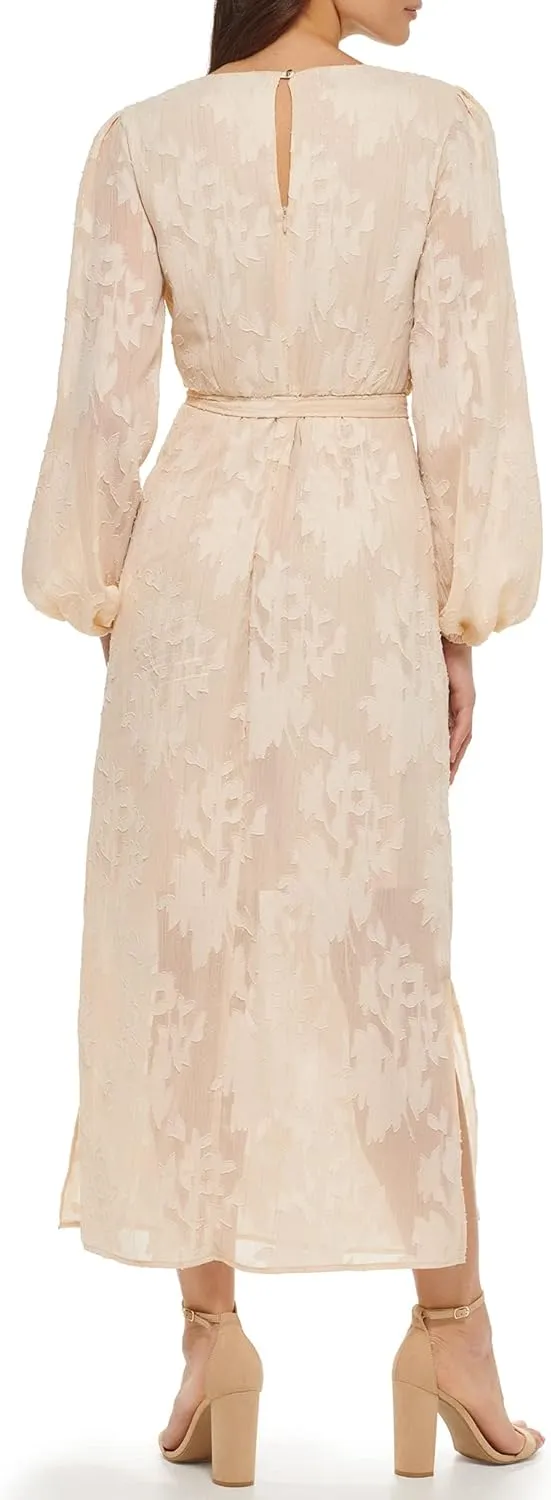 kensie Women's Balloon Sleeve Tie Waist Midi Dress
