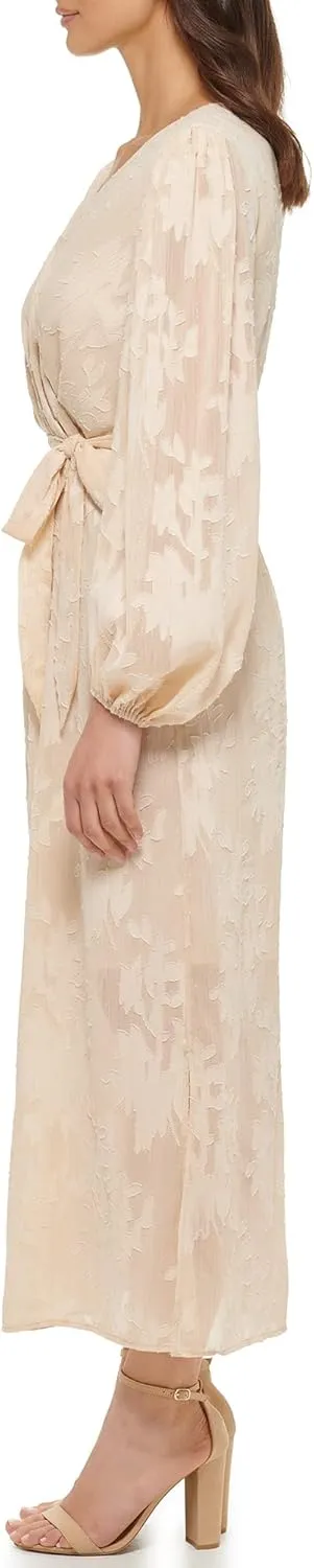 kensie Women's Balloon Sleeve Tie Waist Midi Dress