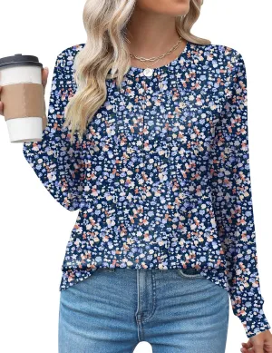 Kistore Womens Long Sleeve Tops Crew Neck Pleated Casual Dressy Blouses T Shirts Fall Clothes 2024