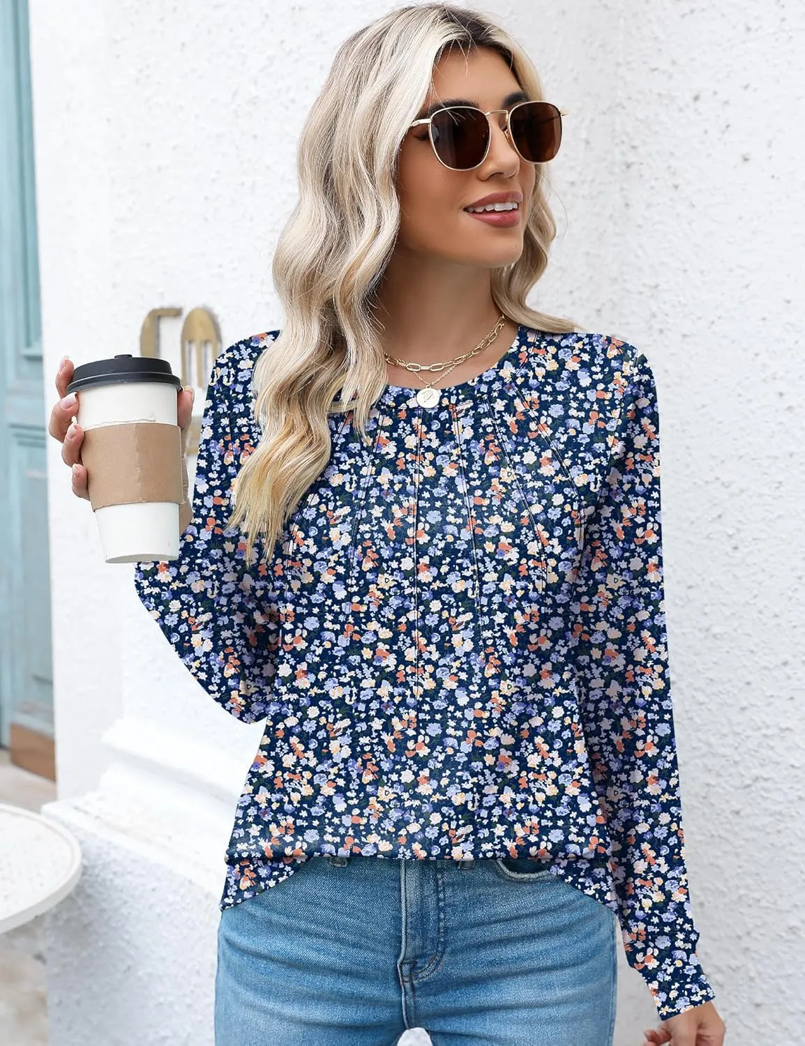 Kistore Womens Long Sleeve Tops Crew Neck Pleated Casual Dressy Blouses T Shirts Fall Clothes 2024