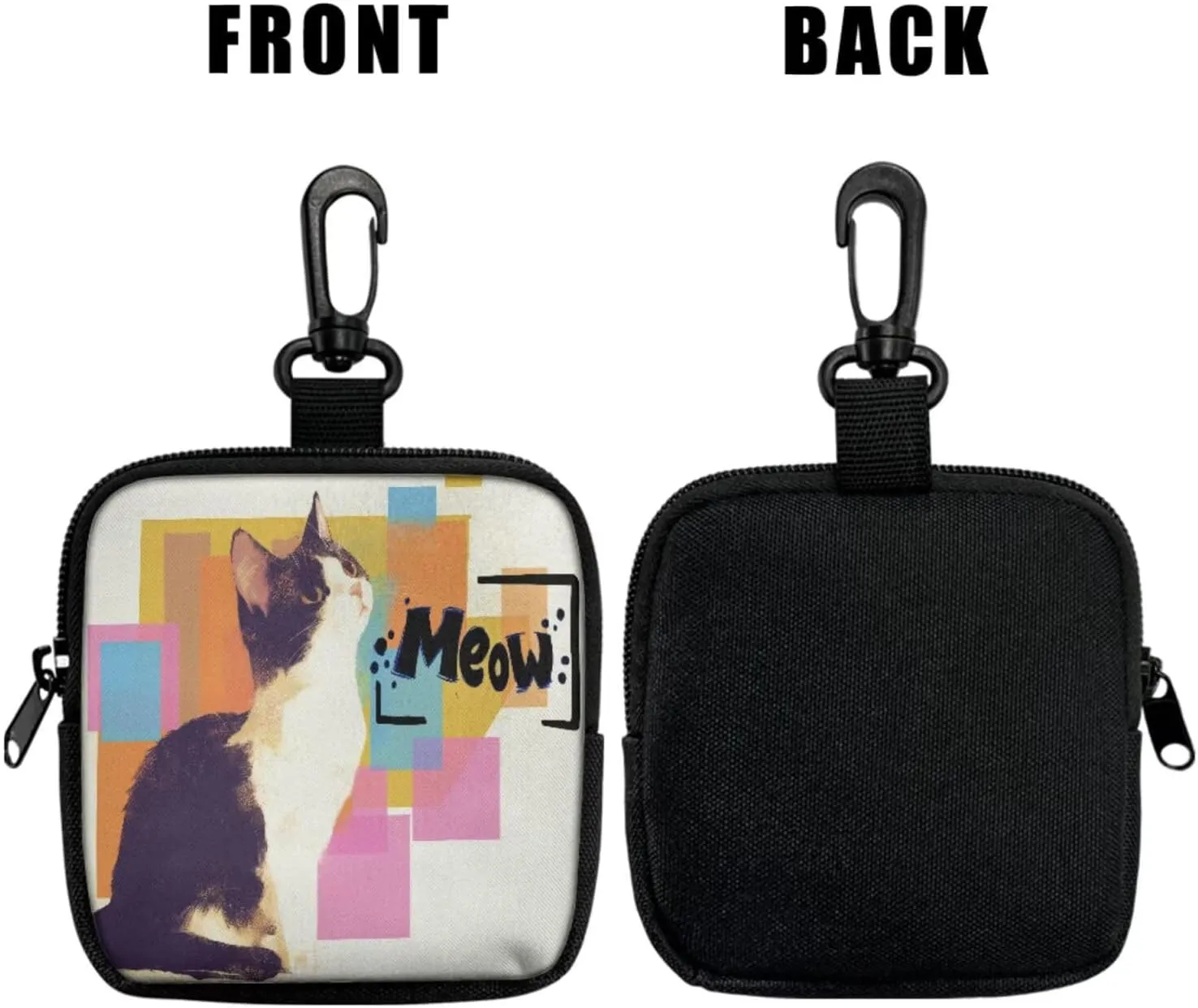 Kitty Cat Mini Zip Around Wallet with Keychain, Color Painting Cats Meow Printed Pouch Tactical Coin Purse Compact Coin Pouch with Clip
