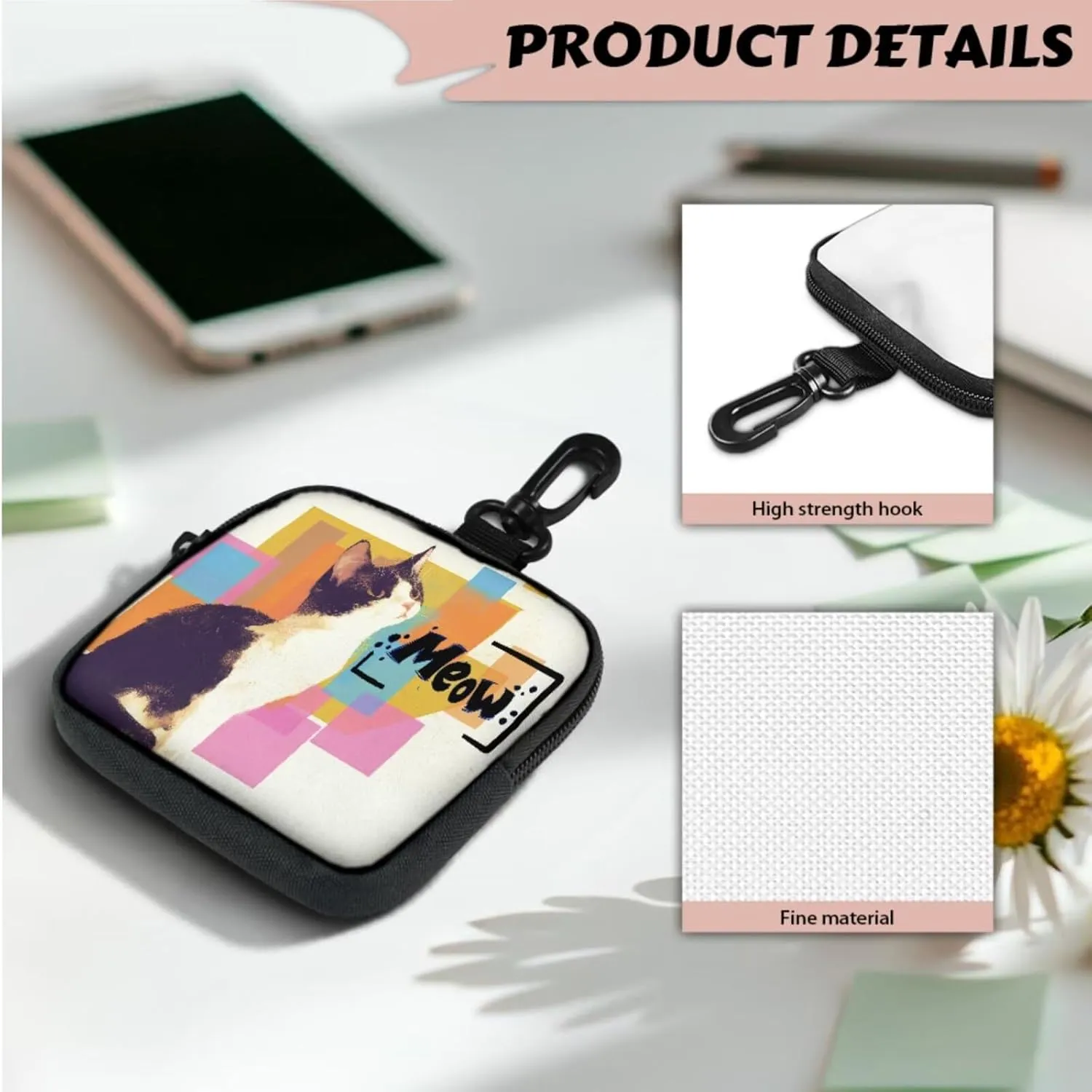 Kitty Cat Mini Zip Around Wallet with Keychain, Color Painting Cats Meow Printed Pouch Tactical Coin Purse Compact Coin Pouch with Clip