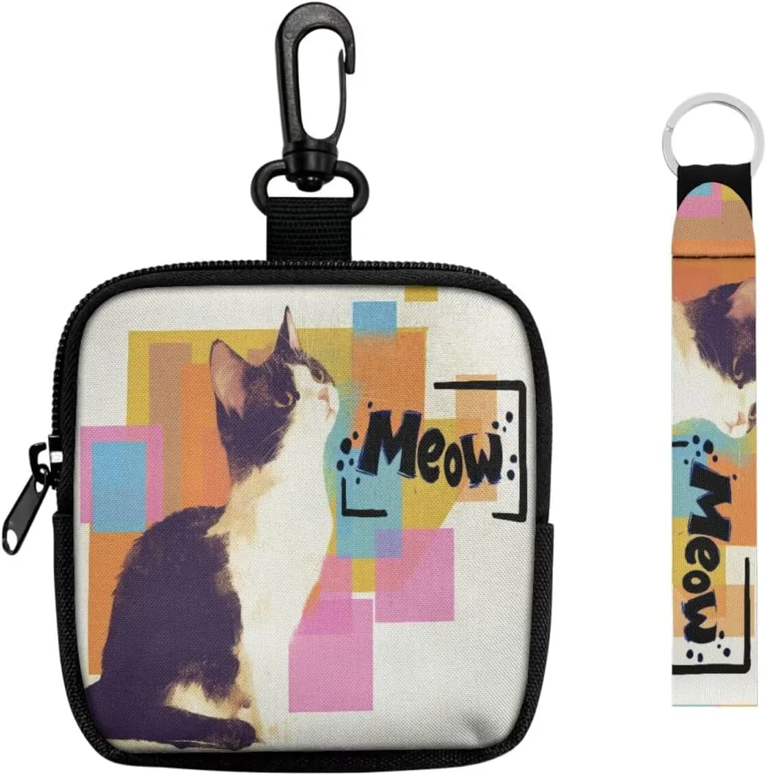 Kitty Cat Mini Zip Around Wallet with Keychain, Color Painting Cats Meow Printed Pouch Tactical Coin Purse Compact Coin Pouch with Clip