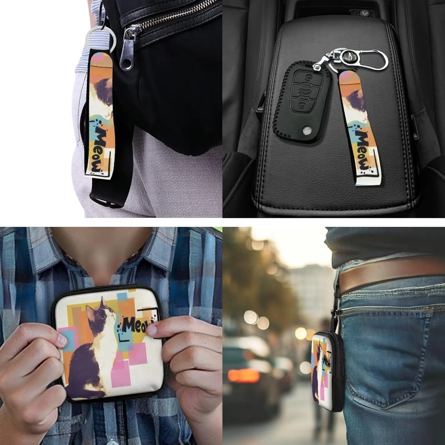 Kitty Cat Mini Zip Around Wallet with Keychain, Color Painting Cats Meow Printed Pouch Tactical Coin Purse Compact Coin Pouch with Clip