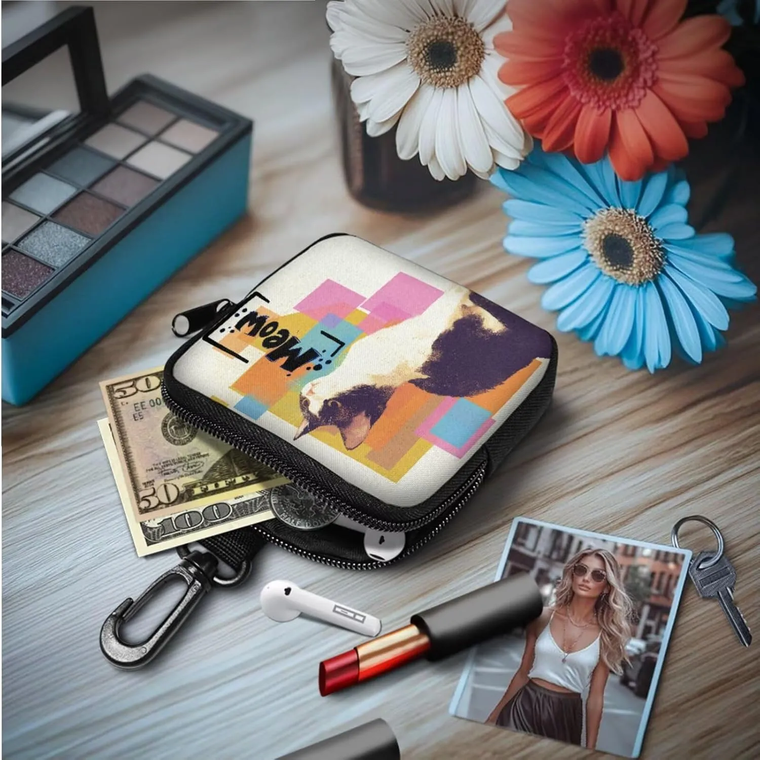 Kitty Cat Mini Zip Around Wallet with Keychain, Color Painting Cats Meow Printed Pouch Tactical Coin Purse Compact Coin Pouch with Clip