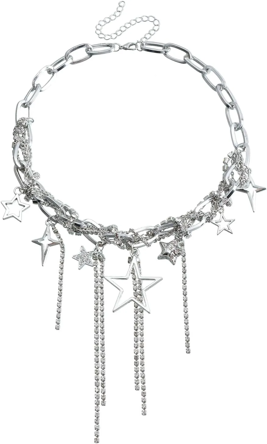 KURTCB Layered Star Choker Necklace Y2k Statement Chunky Rhinestone Bling Fringe Tassel Chain Choker Necklace for Women