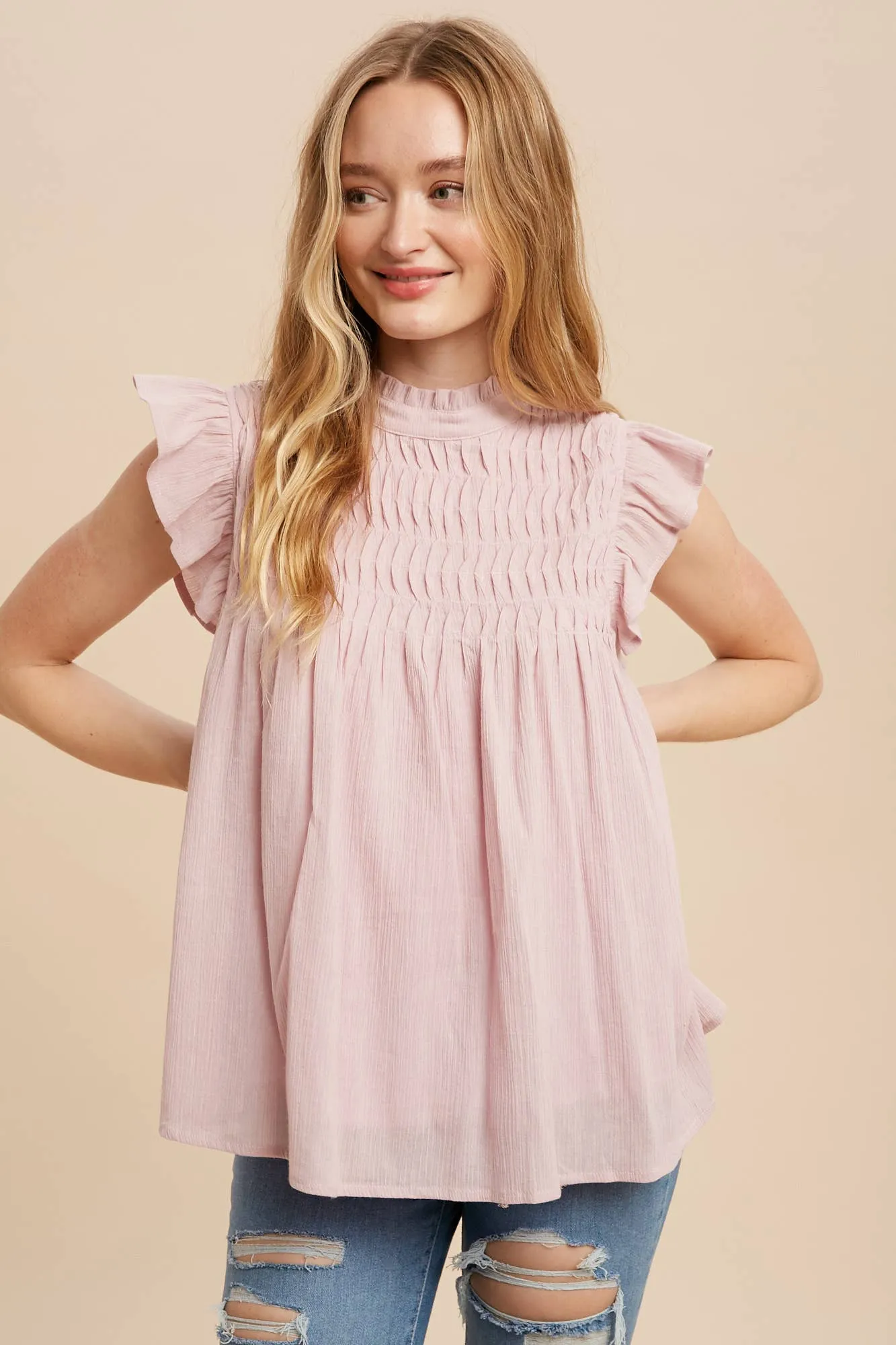 Lavender Mock Neck Flutter Sleeve Blouse