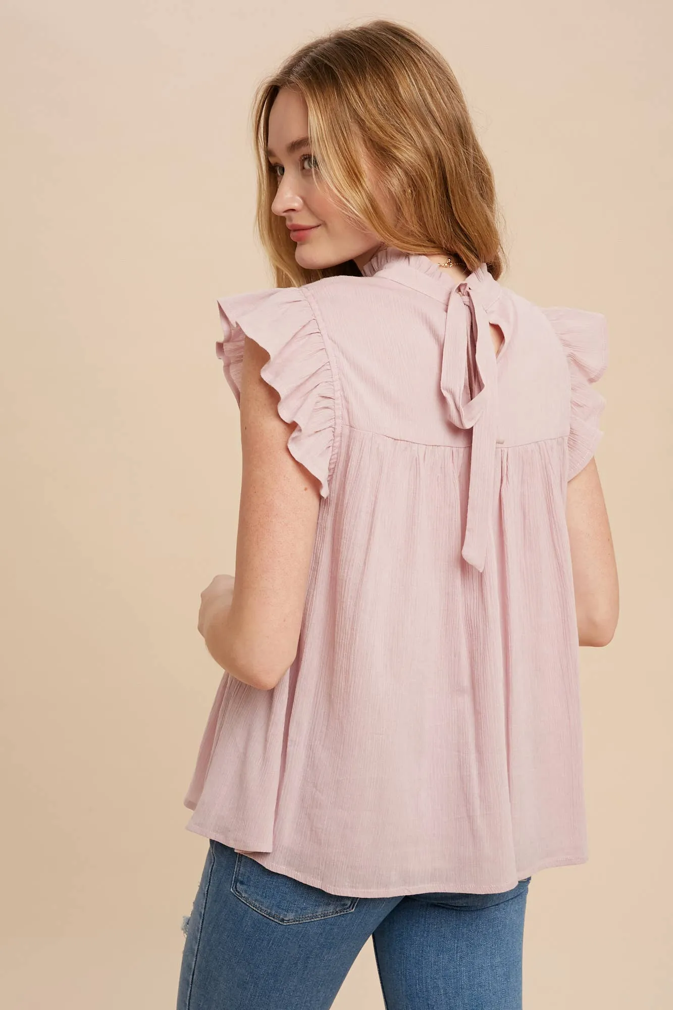 Lavender Mock Neck Flutter Sleeve Blouse